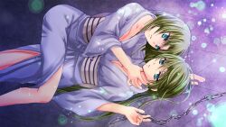 Rule 34 | 2girls, breasts, chain, cleavage, collarbone, girl on top, green eyes, green hair, hair down, hand on another&#039;s neck, highres, higurashi no naku koro ni, higurashi no naku koro ni mei, houjou yutori, incest, japanese clothes, kimono, large breasts, long hair, looking at another, looking to the side, lying, multiple girls, neck grab, obi, official art, on back, parted lips, sash, siblings, sisters, sonozaki mion, sonozaki shion, straddling, twincest, twins, white kimono, wide sleeves, yuri