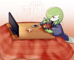 Rule 34 | 1girl, :t, blue kimono, blush, bob cut, bowl, cable, cellphone, charging device, chopsticks, closed mouth, clothed pokemon, colored skin, creatures (company), eating, female focus, flat chest, food, from side, fruit, game freak, gardevoir, gen 3 pokemon, gradient background, green hair, green skin, hair over one eye, half-closed eyes, hands up, highres, holding, holding bowl, holding chopsticks, indoors, iphone, japanese clothes, japanese text, kimono, kotatsu, long sleeves, lotosu, mandarin orange, multicolored skin, nintendo, noodles, notice lines, orange background, orange peel, phone, plaid, pokemon, pokemon (creature), ramen, red eyes, short hair, simple background, sitting, smartphone, soba, solo, sweat, table, television, text focus, translation request, two-tone skin, white skin, wide sleeves