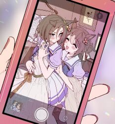 Rule 34 | 1other, 2girls, :d, ^ ^, air groove (umamusume), animal ears, blue bow, blush, bow, brown hair, cellphone, cellphone photo, closed eyes, closed mouth, clothes hanger, clothes in front, commentary, dress, fine motion (umamusume), frilled skirt, frills, grey eyes, hair between eyes, hair bun, highres, holding, holding phone, horse ears, indoors, lightning bolt symbol, multicolored hair, multiple girls, nail polish, open mouth, pantyhose, parted bangs, phone, pleated skirt, puffy short sleeves, puffy sleeves, purple shirt, red nails, satomachi, shirt, short hair, short sleeves, skirt, smile, two-tone hair, umamusume, v-shaped eyebrows, white dress, white pantyhose, white skirt
