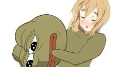 Rule 34 | 1girl, animal costume, black eyes, boy&#039;s club, dress, exhausted, frog costume, k-on!, kotobuki tsumugi, light brown hair, long dress, long hair, pepe the frog, simple background, solo, standing, thick eyebrows, white background