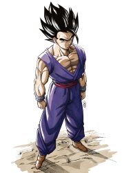 Rule 34 | 1boy, absurdres, black eyes, black hair, dragon ball, highres, iamthetrev, looking at viewer, muscular, muscular male, potential unleashed, serious, solo, son gohan, spiked hair, standing, tagme, ultimate gohan