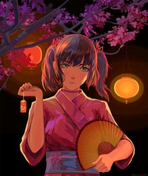 Rule 34 | 1girl, arsenixc, blue hair, blunt bangs, cherry blossoms, closed mouth, collar, dark blue hair, dated, hair ornament, hand fan, harisen, head tilt, highres, holding, holding fan, japanese clothes, kimono, lantern, looking at viewer, multicolored eyes, original, pink kimono, short hair, short twintails, solo, tagme, twintails, upper body, watermark, wide sleeves, yukata