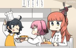 Rule 34 | 3girls, ahoge, alternate costume, apron, black hair, blunt bangs, braid, chef hat, clothes writing, colored tips, commentary request, curly hair, dated, de ruyter (kancolle), food, green eyes, gundam, hair ornament, hamu koutarou, hat, highres, kantai collection, kunashiri (kancolle), long hair, matsukaze (kancolle), multicolored hair, multiple girls, one-hour drawing challenge, one eye closed, orange eyes, pink hair, red hair, short hair, side braid, sweater, swept bangs, table, toque blanche, translation request, two side up, upper body, wavy hair, white sweater, yellow apron