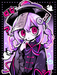 Rule 34 | 1girl, ?, alternate costume, black hat, black jacket, border, character name, chinese clothes, coin hair ornament, commentary request, genshin impact, ghost, hair ornament, hair rings, hat, hatosabure, highres, jacket, long sleeves, ofuda, pointing, pointing at self, purple background, purple hair, qingdai guanmao, qiqi (genshin impact), red eyes, solo, tangzhuang, upper body, wide sleeves