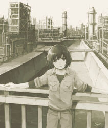 Rule 34 | 1girl, breast pocket, canal, city, closed mouth, collared shirt, factory, highres, industrial pipe, kensight328, light smile, looking at viewer, monochrome, original, outstretched arms, pants, pocket, railing, sepia, shirt, short hair, signature, sleeves rolled up, solo, standing