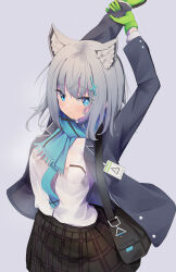 Rule 34 | 1girl, absurdres, akinoji (akiponpon27), animal ear fluff, animal ears, arms up, bag, black skirt, blazer, blue archive, blue eyes, blue necktie, blue scarf, breast pocket, collared shirt, commentary request, cross hair ornament, grey background, grey hair, hair between eyes, hair ornament, halo, highres, holding own arm, id card, jacket, long sleeves, looking at viewer, medium hair, mismatched pupils, necktie, open clothes, open jacket, plaid, plaid skirt, pleated skirt, pocket, scarf, school bag, school uniform, shiroko (blue archive), shirt, shoulder bag, sidelocks, skirt, solo, stretching, two-tone gloves, white shirt, wolf ears, wolf girl