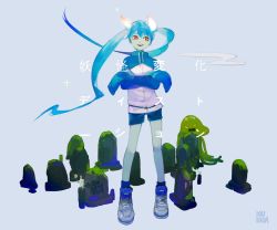 Rule 34 | 1girl, alternate eye color, black hair, blue hair, character request, copyright request, fang, full body, grey background, hatsune miku, kukka, legs apart, long hair, looking at viewer, red eyes, smile, solo, song name, standing, teeth, text focus, tombstone, translation request, twintails, vocaloid