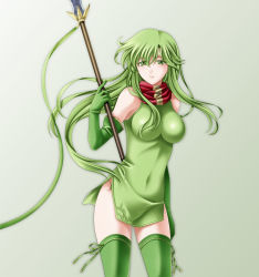 Rule 34 | 1girl, breasts, elbow gloves, female focus, fire emblem, fire emblem: mystery of the emblem, gloves, green eyes, green gloves, green hair, green skirt, green thighhighs, headband, highres, long hair, matching hair/eyes, nintendo, palla (fire emblem), polearm, ribbon, scarf, side slit, skirt, solo, spear, tamamon, thighhighs, weapon