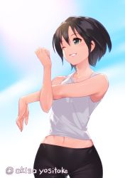 Rule 34 | 1girl, ;d, akisa yositake, aqua eyes, armpits, bare arms, bare shoulders, bike shorts, black hair, blue sky, commentary request, day, gluteal fold, grin, navel, one eye closed, open mouth, original, outdoors, short hair, sky, sleeveless, smile, solo, stretching, sunlight, tank top, teeth, twitter username