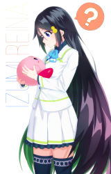 Rule 34 | 10s, 1girl, ?, black hair, blue eyes, blush, character name, crossover, dafi, gradient hair, green hair, hair flaps, hair ornament, highres, izumi reina, kirby, kirby (series), kyoto animation, long hair, looking at another, multicolored hair, musaigen no phantom world, nintendo, power connection, school uniform, smile, thighhighs, trait connection, very long hair, white background