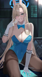 Rule 34 | 1girl, absurdly long hair, animal ears, asuna (blue archive), asuna (bunny) (blue archive), blonde hair, blue archive, blue bow, blue bowtie, blue eyes, blue leotard, bow, bowtie, breasts, brown pantyhose, cleavage, detached collar, fake animal ears, gaitoou, gloves, grin, hair over one eye, hairband, halo, hand up, highres, kneeling, large breasts, leotard, long hair, looking at viewer, mole, mole on breast, no shoes, pantyhose, playboy bunny, rabbit ears, smile, solo, straight hair, tablet pc, thighband pantyhose, tiptoes, v, very long hair, white gloves, white hairband