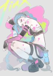 Rule 34 | 1girl, arcane: league of legends, argyle clothes, argyle thighhighs, asymmetrical bangs, asymmetrical footwear, bandaid, bandaid on knee, bandaid on leg, belt, belt buckle, bity3155660241, black belt, black bra, black footwear, black gloves, black nails, blue hair, boots, bra, braid, buckle, character name, chest belt, chest sarashi, closed mouth, commentary, elbow gloves, english commentary, explosion, expressionless, fingerless gloves, flat chest, from side, full body, gloves, grey background, high heel boots, high heels, highres, jinx (league of legends), league of legends, lipstick, long hair, looking at viewer, makeup, mismatched footwear, multiple belts, nail polish, paint splatter, paint splatter on face, pink bra, pink eyes, pink footwear, pink lips, pink shorts, pink thighhighs, sarashi, short shorts, shorts, simple background, single thighhigh, solo, squatting, thigh belt, thigh strap, thighhighs, twin braids, two-tone bra, underwear, very long hair