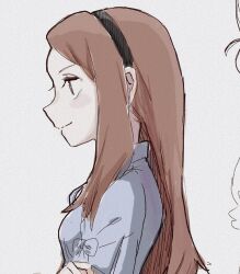 Rule 34 | 1girl, black hairband, blue shirt, breasts, brown hair, commentary request, forehead, grey background, hairband, idolmaster, idolmaster (classic), long hair, looking ahead, minase iori, momo (mmym 3), profile, shirt, sidelocks, sketch, small breasts, smile, smug, solo, upper body