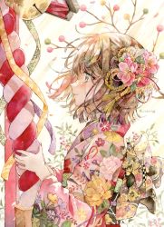 Rule 34 | 1girl, bow, branch, brown hair, closed mouth, commentary request, from side, furisode, grey eyes, hatsumoude, highres, holding, japanese clothes, kimono, light blush, looking to the side, medium hair, multicolored hair, nail polish, new year, original, painting (medium), red nails, smile, solo, standing, streaked hair, traditional media, upper body, waist bow, watercolor (medium), yukoring