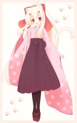 Rule 34 | 1girl, :d, animal ears, ayanami (azur lane), azur lane, black footwear, black hakama, black pantyhose, blush, bow, brown background, cat ears, cat girl, cat tail, cherry blossom print, commentary request, floral print, full body, hair between eyes, hair bow, hair ornament, hairclip, hakama, hakama skirt, head tilt, high ponytail, highres, japanese clothes, kimono, long hair, long sleeves, open mouth, pantyhose, paw print, paw print background, pink kimono, ponytail, print kimono, red bow, red eyes, sakurato ototo shizuku, sidelocks, skirt, sleeves past wrists, smile, solo, standing, tail, tail raised, two-tone background, very long hair, white background, wide sleeves