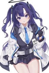 Rule 34 | 1girl, :o, absurdres, black gloves, black skirt, blue archive, blue eyes, blue necktie, blush, breasts, gloves, halo, highres, id card, jacket, jacket partially removed, long hair, looking at viewer, medium breasts, miniskirt, necktie, open clothes, open jacket, purple hair, shu10, simple background, skirt, solo, two-sided fabric, two-sided jacket, two side up, very long hair, white background, yuuka (blue archive)