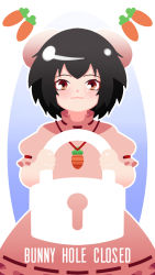 Rule 34 | 1girl, animal ears, black hair, blush, brown eyes, carrot, carrot necklace, commentary, commission, cowboy shot, dress, english commentary, english text, highres, holding, inaba tewi, jewelry, lock, looking at viewer, necklace, outline, pink dress, puffy short sleeves, puffy sleeves, rabbit ears, ribbon-trimmed dress, ribbon trim, short hair, short sleeves, smile, solo, touhou, wallpaper, white background, white outline, yoruny