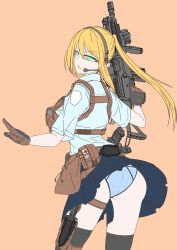 Rule 34 | 1girl, absurdres, ass, assault rifle, battle rifle, black thighhighs, blonde hair, blue panties, blue sky, brown gloves, brown hair, character request, chest rig, combat knife, copyright request, cowboy shot, drawstring, fn fal, foregrip, from behind, gloves, green eyes, groin, gun, hair between eyes, handgun, headset, highres, hinata natsumikan, hip vent, holster, knife, long hair, panties, pantyshot, pistol, ponytail, rifle, short sleeves, sky, solo, thigh holster, thighhighs, underwear, weapon, weapon request, wind, wind lift