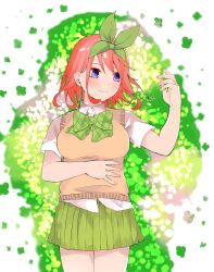 Rule 34 | 1girl, blue eyes, blush, breasts, bug, closed mouth, clover, collared shirt, commentary, cowboy shot, eyebrows hidden by hair, four-leaf clover, go-toubun no hanayome, grass, green ribbon, green skirt, hair between eyes, hair ribbon, hand on own stomach, hand up, highres, insect, ladybug, large breasts, looking at animal, looking to the side, lying, miniskirt, mojyu saico, nakano yotsuba, on back, on grass, orange hair, pleated skirt, ribbon, school uniform, shirt, short hair, short sleeves, simple background, skirt, smile, solo, split mouth, sweater vest, white background, white shirt, yellow sweater vest