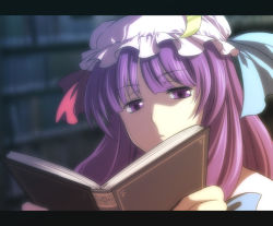 Rule 34 | 1girl, 490, anime coloring, blurry, book, crescent, crescent hat ornament, depth of field, female focus, hat, hat ornament, jitome, letterboxed, long hair, open book, patchouli knowledge, photoshop (medium), portrait, purple eyes, purple hair, reading, ribbon, solo, touhou