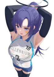 Rule 34 | 1girl, absurdres, armpits, arms up, black sleeves, black thighhighs, blue archive, blue shorts, blush, breasts, commentary, detached sleeves, foreshortening, halo, highres, large breasts, long hair, long sleeves, looking at viewer, mechanical halo, pige pig, purple eyes, purple hair, shirt, shorts, simple background, sleeveless, sleeveless shirt, solo, star sticker, sticker on face, sweat, thighhighs, tying hair, wet, wet clothes, white background, yuuka (blue archive)