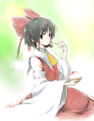 Rule 34 | 1girl, bow, detached sleeves, eating, faux traditional media, female focus, food, hair bow, hair tubes, hakurei reimu, ice, japanese clothes, lefthand, miko, seiza, shaved ice, short hair, sitting, solo, spoon, staring, touhou, wide sleeves