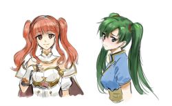 Rule 34 | 2girls, armor, athenawyrm, blush, cape, celica (fire emblem), fire emblem, fire emblem: the blazing blade, fire emblem echoes: shadows of valentia, fire emblem heroes, green eyes, green hair, hairband, high ponytail, long hair, looking at viewer, lyn (fire emblem), multiple girls, nintendo, red eyes, red hair, smile, tiara, twintails