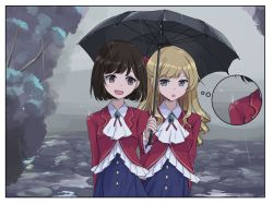 Rule 34 | 2girls, ascot, black hair, black umbrella, blonde hair, bow, brooch, claire francois, drill hair, hair bow, jewelry, krill55, long hair, long sleeves, looking at another, multiple girls, outdoors, overcast, rain, red bow, rae taylor, short hair, sky, smile, standing, thought bubble, umbrella, watashi no oshi wa akuyaku reijou, yuri
