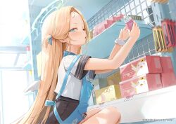 Rule 34 | 1girl, angel wings, apron, black skirt, blonde hair, blue apron, blue archive, blue eyes, blue ribbon, blurry, blurry background, eyelashes, forehead, freng, from side, hair ribbon, halo, hands up, high-waist skirt, highres, holding, long hair, looking at viewer, pen, peroro (blue archive), pleated skirt, revision, ribbon, scrunchie, short sleeves, skirt, solo, sora (blue archive), sweatdrop, thighs, very long hair, white scrunchie, white wings, wings, wrist scrunchie