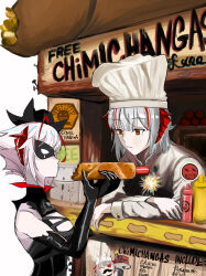 Rule 34 | 2girls, alternate costume, ambience synesthesia, arknights, black gloves, breasts, chef hat, closed mouth, deadpool, deadpool (movie), deadpool (series), dual persona, dynamite, eating, elbow gloves, explosive, food, gloves, grey hair, hat, holding, holding food, horns, ketchup bottle, large breasts, marvel, multiple girls, new unchiman, official alternate costume, red eyes, short hair, upper body, w (arknights), w (wanted) (arknights), white headwear