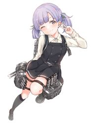 Rule 34 | 1girl, ;), absurdres, belt, black dress, black socks, closed mouth, collared shirt, contrapposto, dress, dress shirt, full body, grey hair, hair ribbon, highres, kantai collection, kneehighs, leaning to the side, long sleeves, looking at viewer, one eye closed, ooshio (kancolle), pinafore dress, pink dress, purple hair, ribbon, rigging, shiitake taishi, shirt, short dress, short twintails, simple background, sleeveless dress, smile, socks, solo, thigh strap, twintails, v, white background, white shirt, wing collar