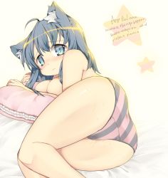Rule 34 | 1girl, ahoge, albert einstein, animal ears, ass, bad id, bad pixiv id, blue eyes, blue hair, blush, breasts, cat ears, cushion, e. f. schumacher, english text, frown, large breasts, long hair, lying, matching hair/eyes, necco (tefun), on side, original, panties, panties only, slit pupils, solo, striped clothes, striped panties, tears, tefun, tefun (tehun), topless, underwear, underwear only, vertical-striped clothes, vertical-striped panties