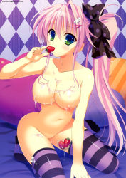 Rule 34 | 1girl, absurdres, argyle, argyle background, argyle clothes, breasts, cleavage, cream, food, fruit, green eyes, hair ornament, hairclip, highres, large breasts, looking at viewer, naruse mamoru, navel, nipples, nude, original, parted lips, pink hair, side ponytail, solo, strawberry, striped clothes, striped thighhighs, suggestive fluid, thighhighs