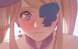 Rule 34 | 10s, 1girl, aconitea, bare shoulders, big hair, blonde hair, blue eyes, blush, bow, collarbone, commentary, drill hair, eyepatch, hair bow, harime nui, heart, heart-shaped pupils, highres, kill la kill, long hair, looking at viewer, pink bow, portrait, solo, symbol-shaped pupils, twin drills, twintails