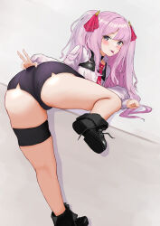 Rule 34 | 1girl, absurdres, ass, ass focus, blush, boots, cameltoe, come hither, from behind, goddess of victory: nikke, green eyes, hair ribbon, highres, huge ass, leg up, legs, long hair, looking at viewer, looking back, naughty face, pink hair, ramuneogura, ribbon, short shorts, shorts, smile, solo, thigh strap, tongue, tongue out, v, very long hair, yuni (nikke)