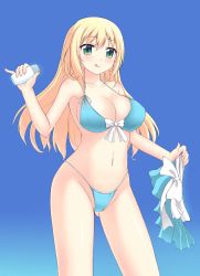 Rule 34 | 10s, 1girl, :q, atago (kancolle), bikini, blonde hair, blue background, blue bikini, breasts, cleavage, female focus, green eyes, junk doppel, kantai collection, large breasts, long hair, navel, shiny skin, skirt, unworn skirt, solo, swimsuit, tongue, tongue out
