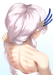 Rule 34 | 1girl, back, back focus, feather hair ornament, feathers, from behind, hair behind ear, hair ornament, haryudanto, holding, holding own hair, hololive, hololive indonesia, indonesian commentary, long hair, naked towel, pavolia reine, silver hair, solo, towel, upper body, virtual youtuber