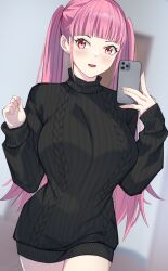 Rule 34 | 1girl, alternate costume, black sweater, blunt bangs, blurry, blurry background, breasts, cable knit, cellphone, cowboy shot, dress, entogman, fire emblem, fire emblem: three houses, highres, hilda valentine goneril, holding, holding phone, indoors, large breasts, long hair, long sleeves, nintendo, open mouth, phone, pink eyes, pink hair, ribbed sweater, sleeves past wrists, smartphone, solo, sweater, sweater dress, teeth, turtleneck, turtleneck sweater, twintails, upper teeth only