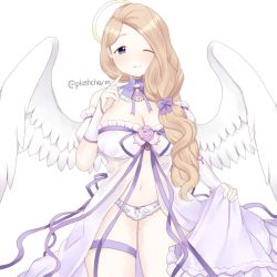 Rule 34 | alternate costume, angel, blonde hair, blue eyes, blush, bow, bow panties, breasts, cleavage, cowboy shot, feathered wings, fire emblem, fire emblem: three houses, halo, large breasts, long hair, mercedes von martritz, navel, nintendo, one eye closed, panties, plushcharm, simple background, smile, solo, thigh strap, twitter username, underwear, white background, wings