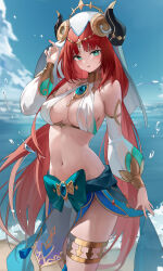 Rule 34 | 1girl, absurdres, beach, berserker r, blue sky, breasts, brooch, cloud, day, detached sleeves, genshin impact, green eyes, harem outfit, highres, horns, jewelry, long hair, low twintails, medium breasts, navel, nilou (genshin impact), ocean, outdoors, red hair, sky, solo, stomach, thighlet, twintails, very long hair, water, wet