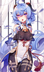 Rule 34 | 1girl, absurdres, ahoge, ai xiao meng, arms up, artist name, bare shoulders, bell, black gloves, black legwear, blue hair, blush, bodystocking, bodysuit, grabbing another&#039;s breast, breasts, chinese knot, covered navel, cowbell, cowboy shot, crying, curtains, dated, detached sleeves, flower knot, ganyu (genshin impact), genshin impact, gloves, goat horns, gold trim, grabbing, grabbing own breast, highres, horns, lactation, lactation through clothes, long hair, long sleeves, looking at viewer, medium breasts, neck bell, open mouth, pelvic curtain, purple eyes, red rope, rope, saliva, saliva trail, sidelocks, smile, solo, tassel, thighlet, tongue, tongue out, waist cape, white sleeves