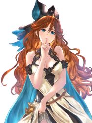 Rule 34 | 1girl, absurdres, armband, blue cape, blue eyes, breasts, cape, cleavage, cleavage cutout, clothes lift, clothing cutout, dress, dress lift, eyebrows, finger to mouth, frills, granblue fantasy, hair ribbon, headband, highres, lifting own clothes, lips, long hair, looking down, medium breasts, aged up, orange hair, ribbon, sara (granblue fantasy), sassakntm, solo, wavy hair