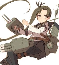 Rule 34 | 1girl, adapted costume, adapted turret, alchera, arm warmers, ayanami (kancolle), ayanami kai ni (kancolle), black pantyhose, black ribbon, black sailor collar, black skirt, brown eyes, brown hair, cannon, feet out of frame, hair ribbon, kantai collection, long hair, machinery, pantyhose, pleated skirt, ribbon, sailor collar, school uniform, searchlight, serafuku, side ponytail, simple background, skirt, smokestack, solo, thigh strap, torpedo launcher, turret, very long hair, white background
