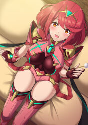 Rule 34 | 1girl, absurdres, black gloves, blush, breasts, chest jewel, commentary request, couch, earrings, facing viewer, fingerless gloves, gloves, highres, jewelry, large breasts, looking up, open mouth, pyra (xenoblade), red eyes, red hair, red shorts, red thighhighs, ryochan96154, short hair, short shorts, shorts, shoulder pads, sitting, smile, solo, swept bangs, thighhighs, tiara, xenoblade chronicles (series), xenoblade chronicles 2