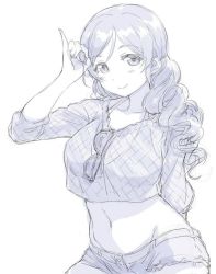 Rule 34 | 1girl, alternate hairstyle, bra strap, collarbone, commentary request, crop top, curly hair, duke (inu daimyou), eyewear hang, unworn eyewear, greyscale, groin, halterneck, long hair, long sleeves, looking at viewer, love live!, love live! school idol project, midriff, monochrome, navel, pinky out, short shorts, shorts, simple background, sketch, smile, solo, sunglasses, tojo nozomi, white background