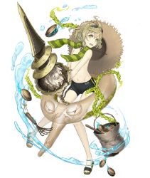 Rule 34 | 1boy, ahoge, black jammers, black male swimwear, bucket, chain, clam, eyewear on head, full body, goggles, goggles on head, green eyes, green hair, hat, hat on back, innertube, jammers, ji no, looking at viewer, male focus, male swimwear, navel, official art, pinocchio (sinoalice), sandals, see-through, sinoalice, solo, straw hat, swim ring, swimsuit, teeth, transparent background, upper teeth only, water