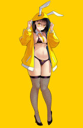 Rule 34 | 1girl, animal ears, bikini, black bikini, black thighhighs, blush, breasts, brown hair, cleavage, detached collar, fake animal ears, full body, high heels, highres, hood, hooded jacket, jacket, kekemotsu, large breasts, long hair, long sleeves, looking at viewer, necktie, open clothes, open jacket, open mouth, original, rabbit ears, solo, swimsuit, thighhighs, yellow background, yellow eyes, yellow jacket