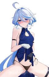 Rule 34 | 1girl, absurdres, ahoge, alternate costume, arm strap, asymmetrical gloves, bare shoulders, black gloves, black panties, blue dress, blue eyes, blue hair, breasts, cameltoe, china dress, chinese clothes, cleavage cutout, clothing cutout, commentary, dress, feint721, furina (genshin impact), genshin impact, gloves, highres, long hair, looking at viewer, mismatched gloves, no headwear, panties, sleeveless, sleeveless dress, small breasts, solo, thigh strap, thighs, underwear, very long hair, white gloves