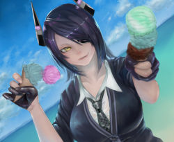 Rule 34 | 1girl, :q, blue sky, blurry, blurry foreground, checkered clothes, checkered necktie, checkered neckwear, collarbone, collared shirt, day, depth of field, dutch angle, eyepatch, food, foreshortening, gloves, hands up, headgear, highres, holding, holding food, ice cream, ice cream cone, kantai collection, licking lips, looking at viewer, medium hair, necktie, ocean, outdoors, parted lips, partially fingerless gloves, purple hair, shirt, sky, sleeves pushed up, smile, smirk, solo, summer, sweat, sweater, tenryuu (kancolle), tongue, tongue out, upper body, water, wet, wet clothes, wet shirt, white shirt, wing collar, yamashita tomu, yellow eyes