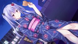 Rule 34 | 1girl, absurdres, blush, breasts, chair, closed mouth, dutch angle, female focus, flower, food, game cg, hair flower, hair ornament, hand up, highres, holding, holding food, japanese clothes, kimono, knees together feet apart, legs, looking at viewer, medium breasts, nekonyan, night, obi, original, outdoors, purple hair, red eyes, sash, sitting, sky, smile, solo, thighs, tonari ni kanojo no iru shiawase ~summer surprise~, twintails, uryuu koume